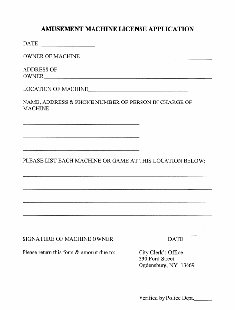 First page of the Amusement Machine License Application