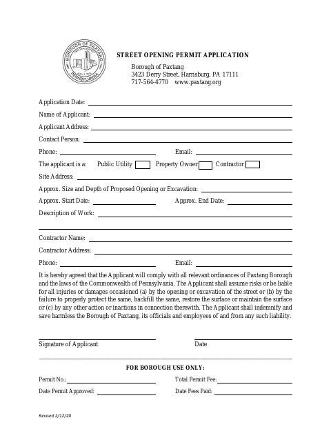 First page of the Street Opening Permit Application