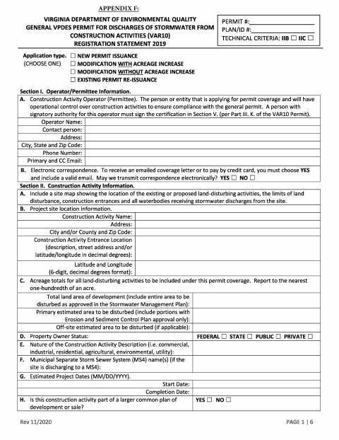 First page of the Construction General Permit Registration Statement
