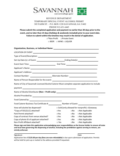 First page of the Temporary Alcohol Event Permit Application