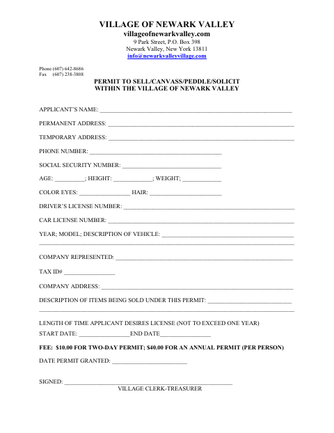First page of the Permit to Sell, Canvass, Peddle, or Solicit Within the Village
