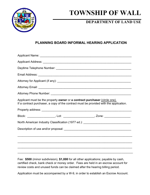 First page of the Planning Board Informal Hearing Application