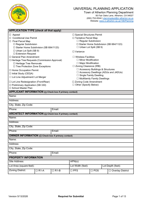 First page of the Universal Planning Application
