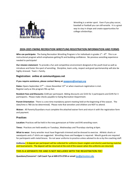 First page of the Ewing Recreation Wrestling Registration Information and Forms