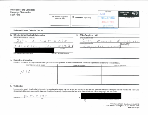 First page of the Form 470 Short Form Campaign Statement