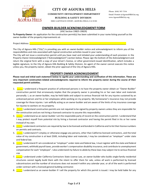 First page of the Owner-Builder Acknowledgment Form