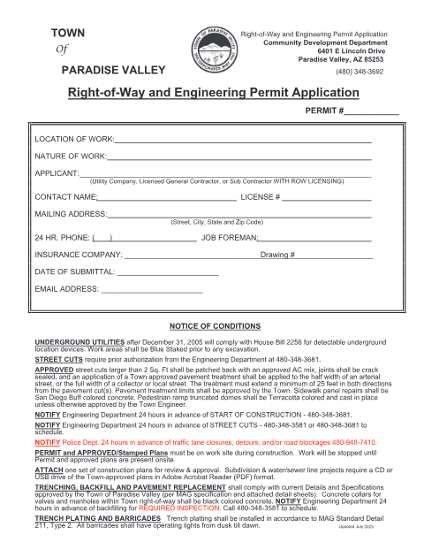First page of the Right-of-Way and Engineering Permit Application
