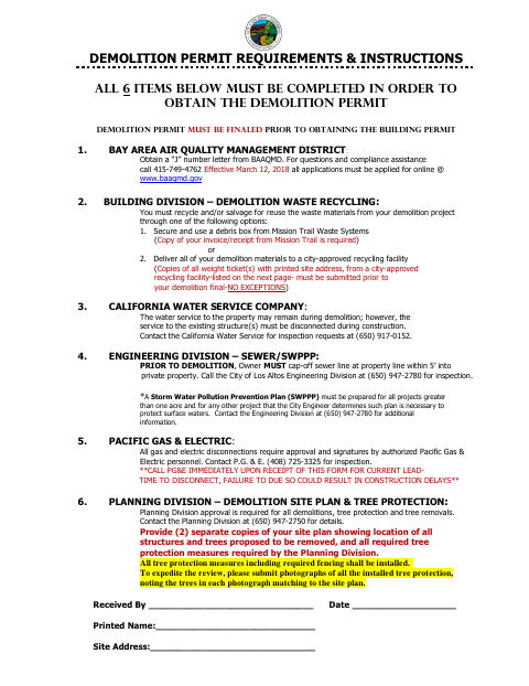 First page of the Demolition Permit Requirements & Instructions