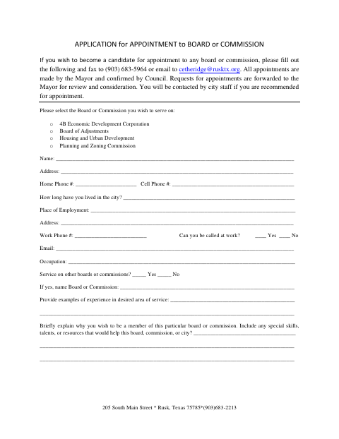 First page of the Application for Appointment to Board or Commission