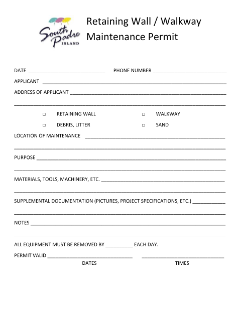 First page of the Retaining Wall / Walkway Maintenance Permit