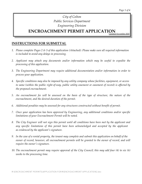 First page of the Encroachment Permit Application
