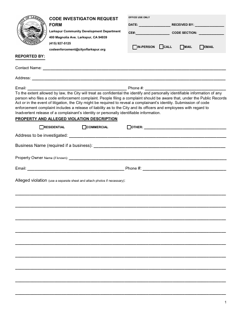 First page of the Code Investigation Request Form