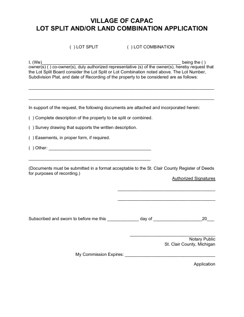 First page of the Lot Split and/or Land Combination Application