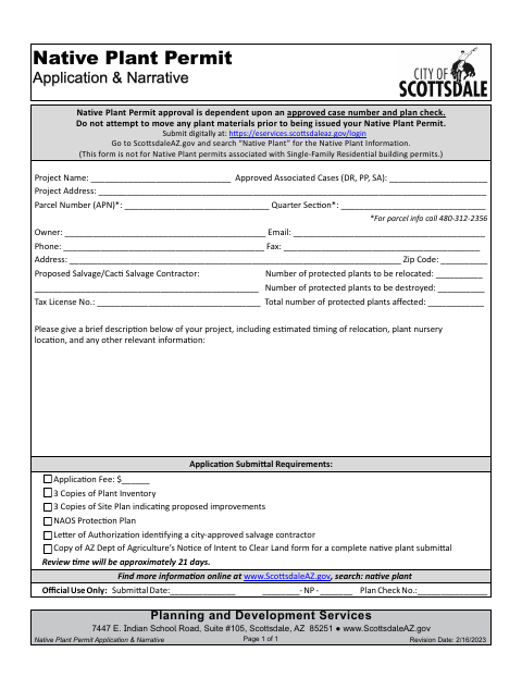 First page of the Native Plant Permit Application & Narrative