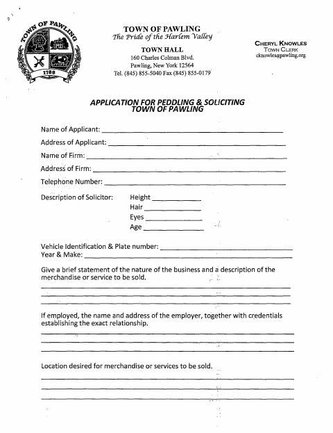 First page of the Application for Peddling & Soliciting