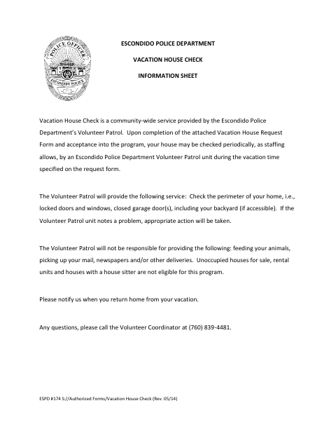 First page of the Vacation House Check Information Sheet