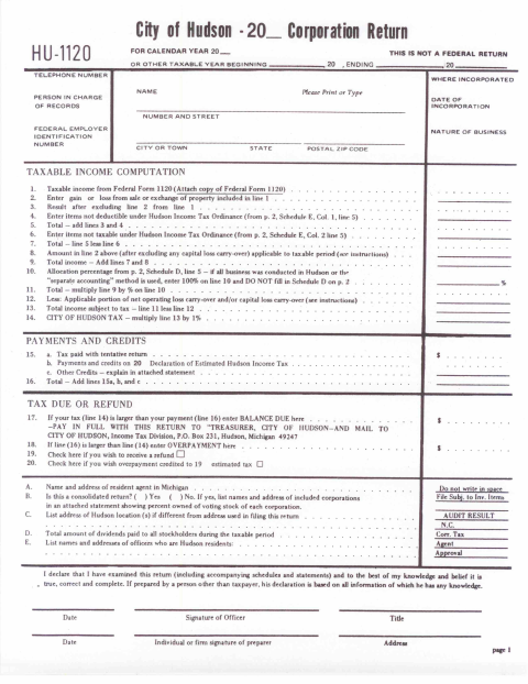 First page of the HU-1120 Corporate Return