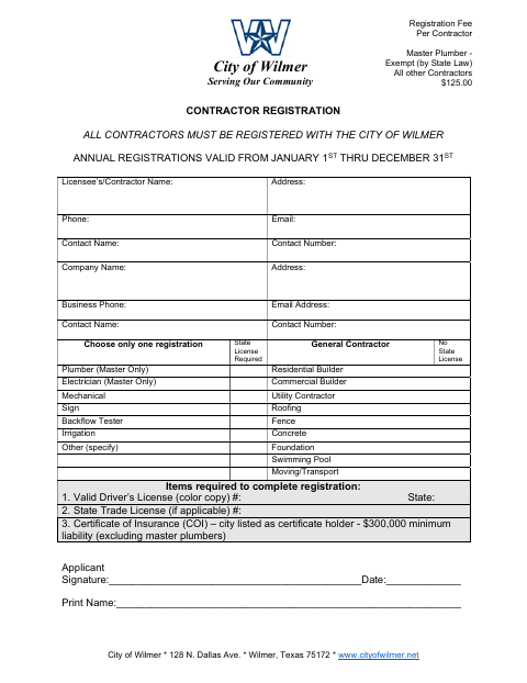 First page of the Contractor Registration
