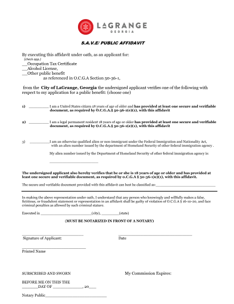 First page of the S.A.V.E. Public Benefit Affidavit
