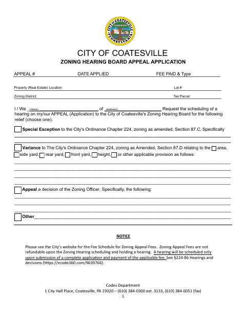 First page of the Zoning Hearing Board Appeal Application