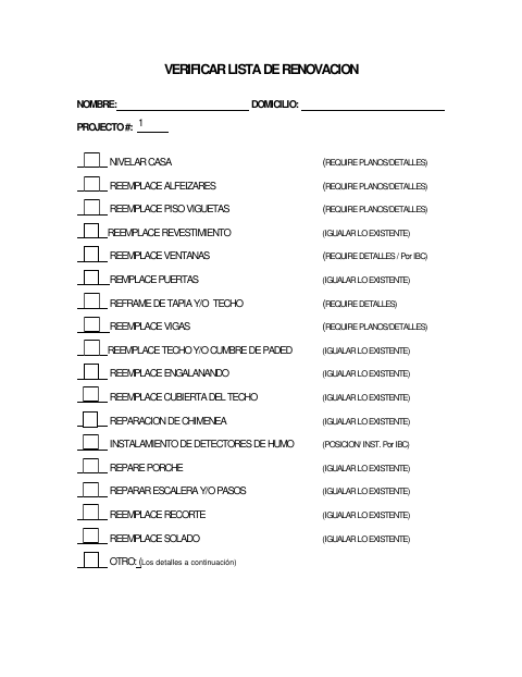 First page of the Renovation Verification Checklist