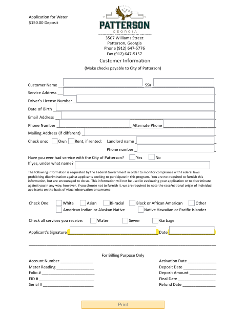 First page of the Water & Sewer Application