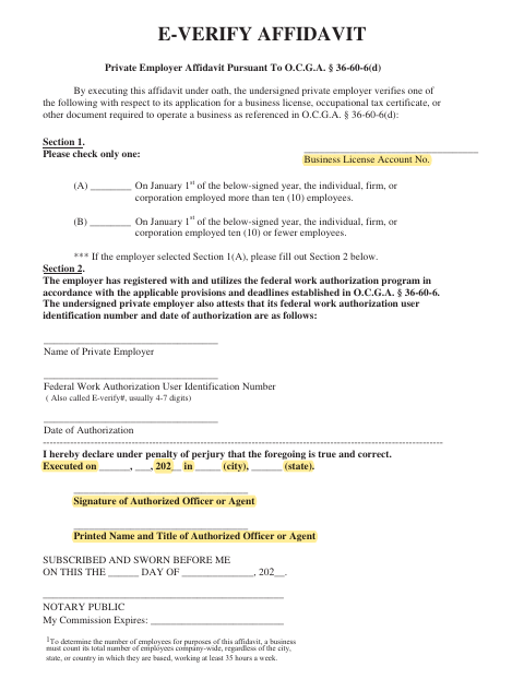 First page of the E-Verify Private Employer Affidavit
