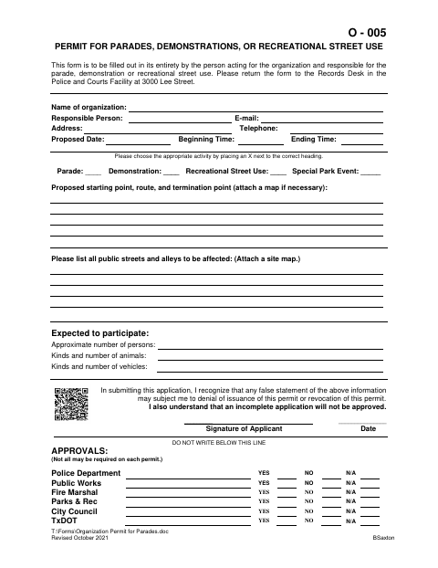 First page of the Permit for Parades, Demonstrations, or Recreational Street Use