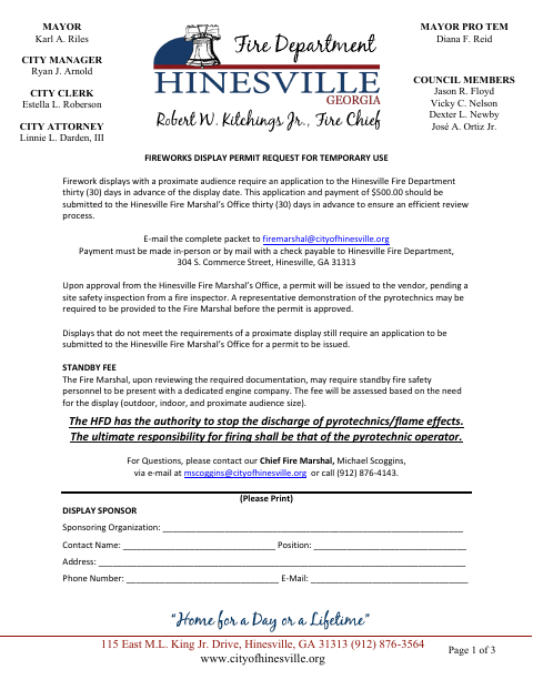 First page of the Fireworks Display Permit Request for Temporary Use