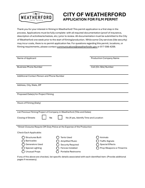 First page of the Film Permit Application