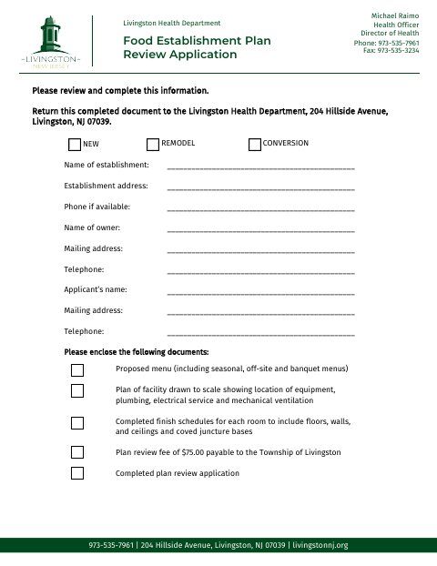 First page of the Food Establishment Plan Review Application