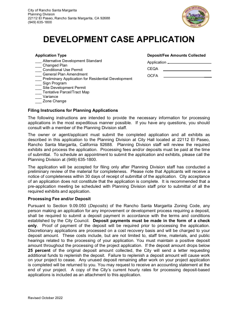 First page of the Development Case Application