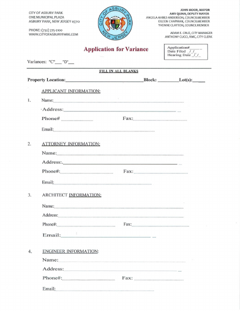 First page of the Variance Application and Checklist