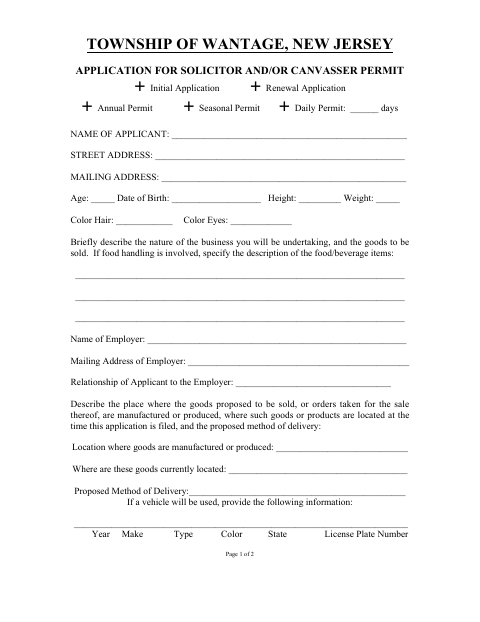 First page of the Application for Solicitor and/or Canvasser Permit