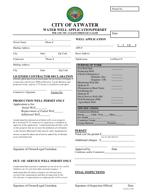 First page of the Water Well Application/Permit