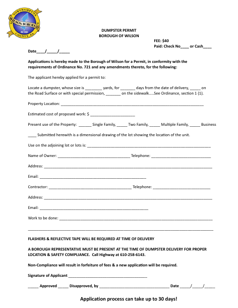 First page of the Dumpster Permit
