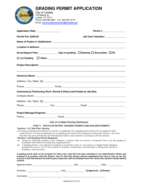 First page of the Grading Permit Application