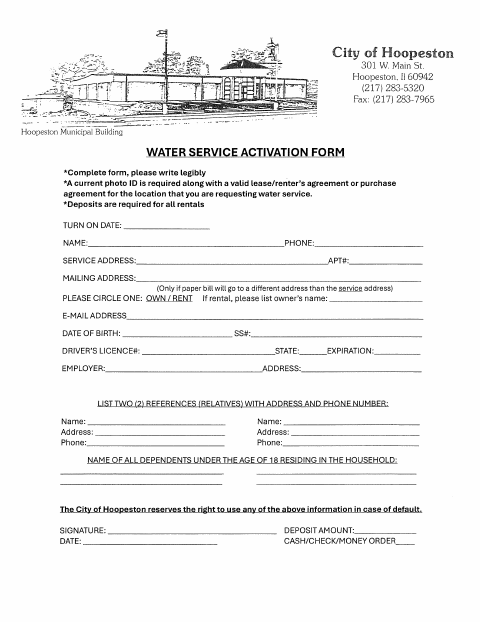 First page of the Water Service Activation Form