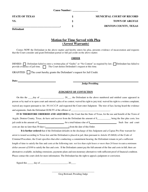 First page of the Motion for Time Served With Plea (Arrest Warrants)
