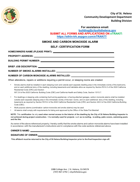 First page of the Smoke and Carbon Monoxide Alarm Self-Certification Form