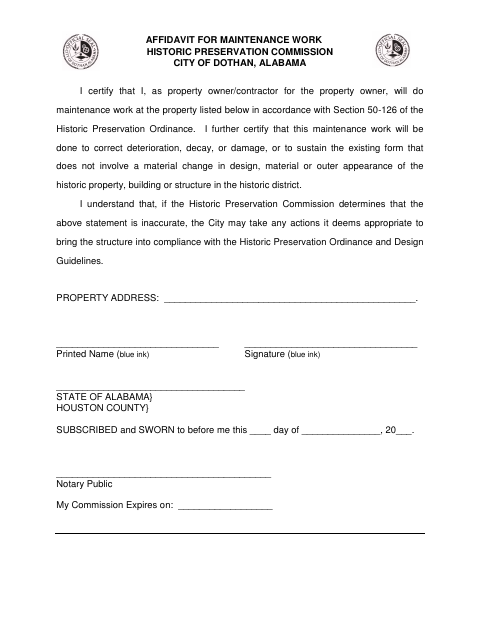 First page of the Affidavit for Maintenance Work
