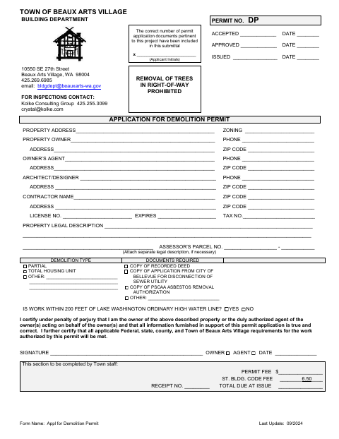 First page of the Application for Demolition Permit