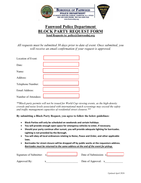 First page of the Block Party Request Form