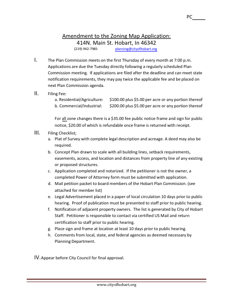 First page of the Amendment to the Zoning Map Application