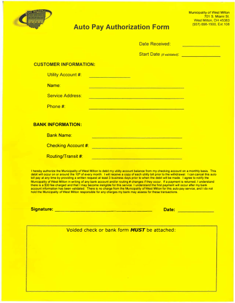 First page of the Auto Pay Authorization Form