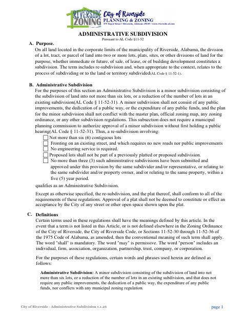 First page of the Administrative Subdivision Application