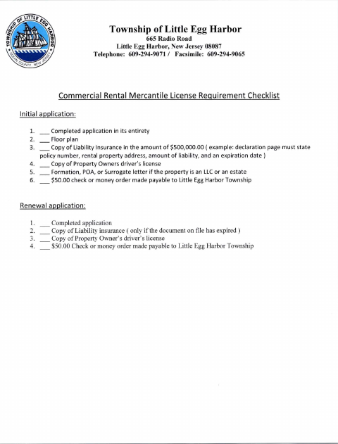 First page of the Rental Mercantile License Application (Commercial)