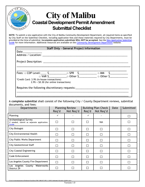 First page of the Coastal Development Permit Amendment Submittal Checklist