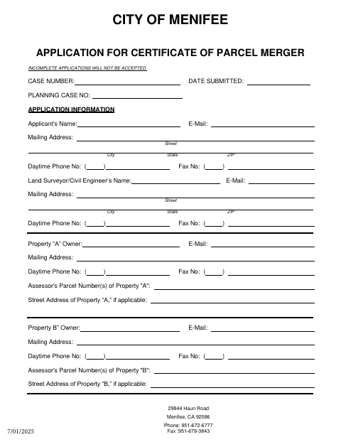 First page of the Certificate of Parcel Merger Application