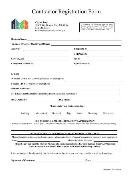 First page of the Contractor Registration Form